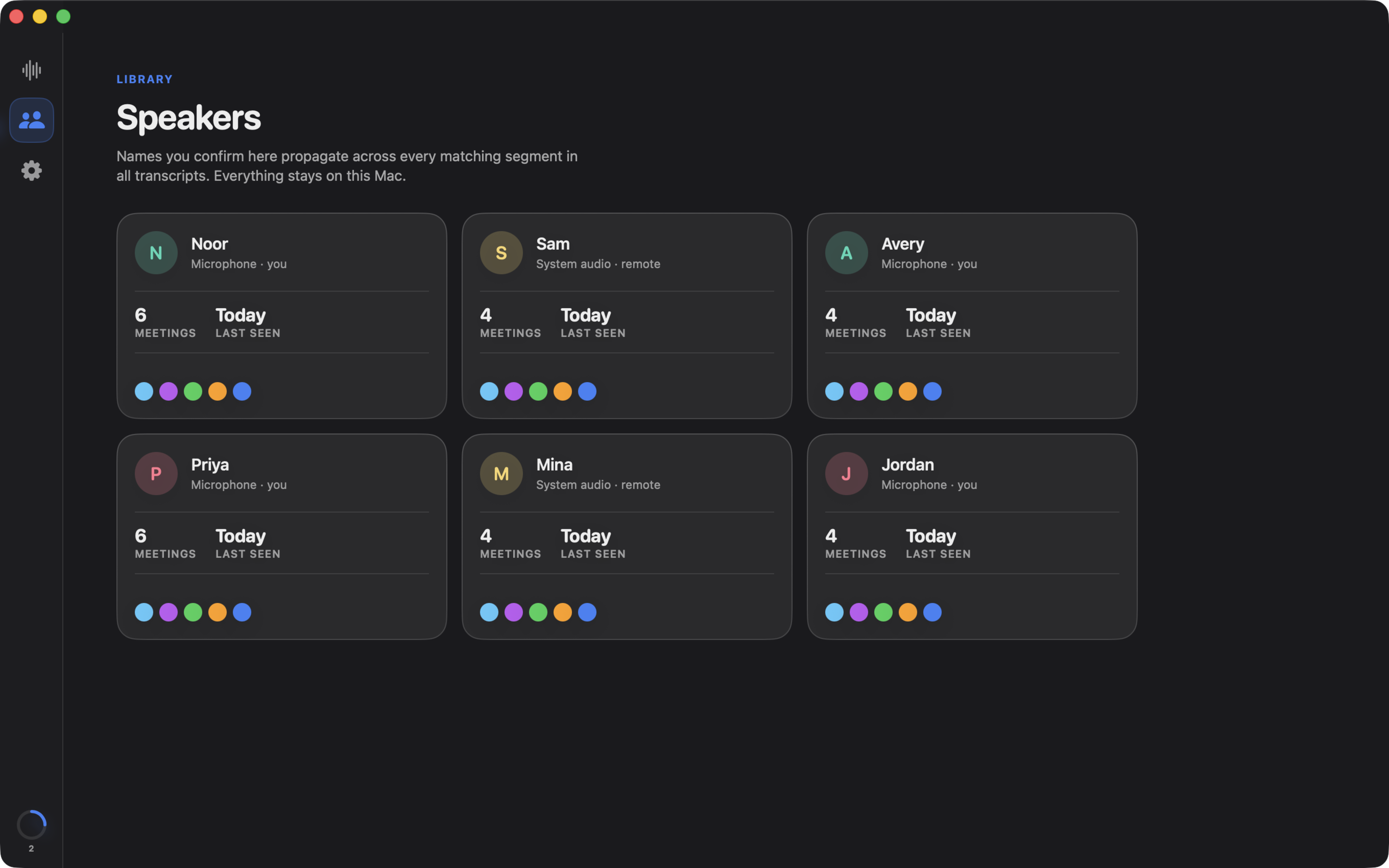 Synopsule speakers directory on macOS, tracking people across transcripts
