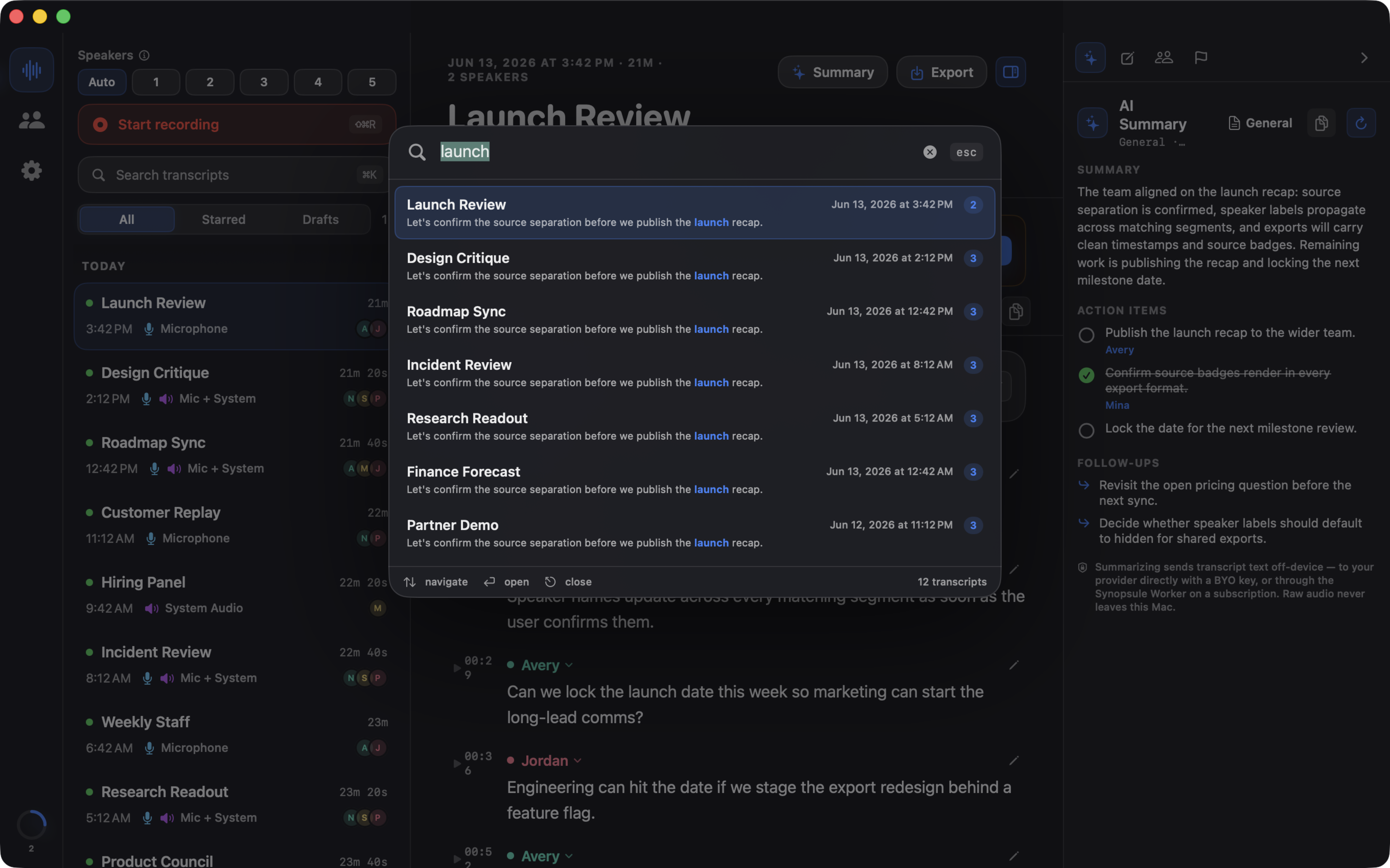 Synopsule global search on macOS returning matches across every transcript